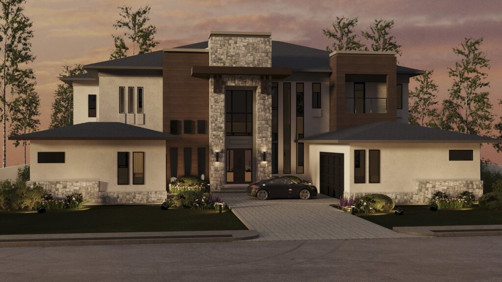 3D rendering of new construction home in Orlando, Florida. High-end exterior with stucco, cladding, new roof, overhang, modern driveway and landscaping, and high ceilings.