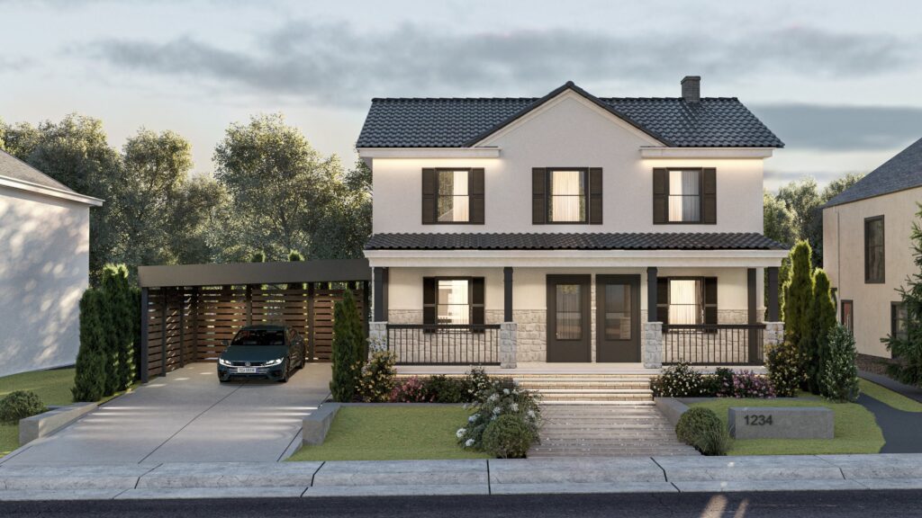 3D Exterior Home Rendering Renovated with modern steps, car port, walkway to home, entryway door, shutters, windows, roof, gutters, and manicured landscaping. New lawn.