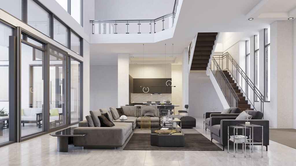 Beautiful Interior Design of a Living Room. New construction home done with 3D rendering software. Emphasis on neutral colors, home decor, oversized windows, and an open staircase.