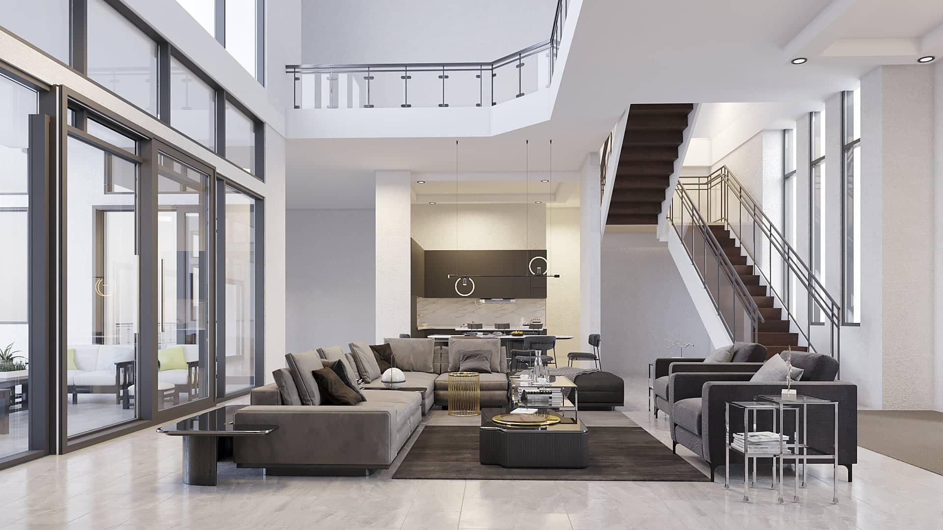 Beautiful Interior Design of a Living Room. New construction home done with 3D rendering software. Emphasis on neutral colors, home decor, oversized windows, and an open staircase.