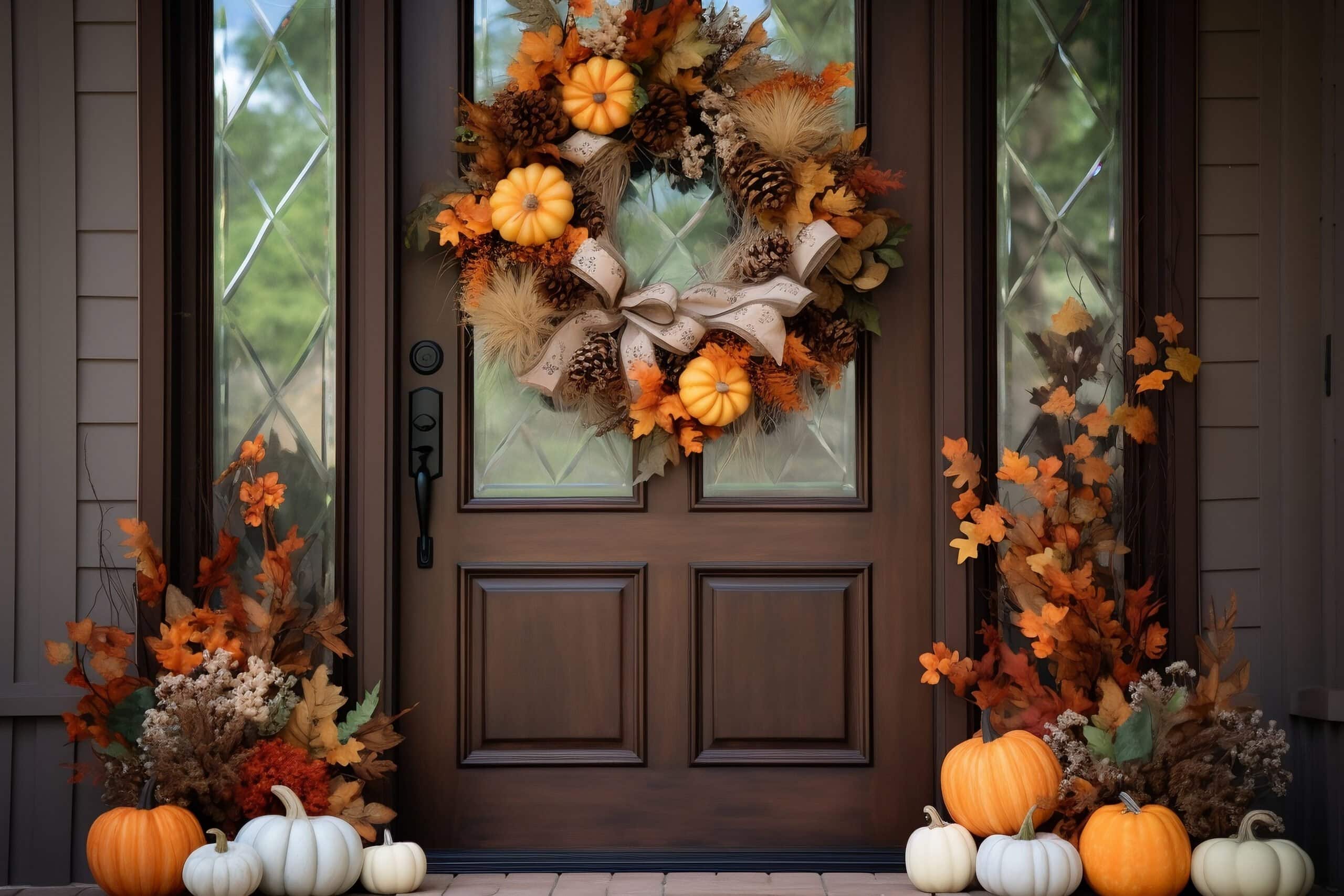 Beautiful DIY fall-inspired wreath, pumpkins and fall plants accenting the front door of a home. Wooden door, modern home, newly renovated.