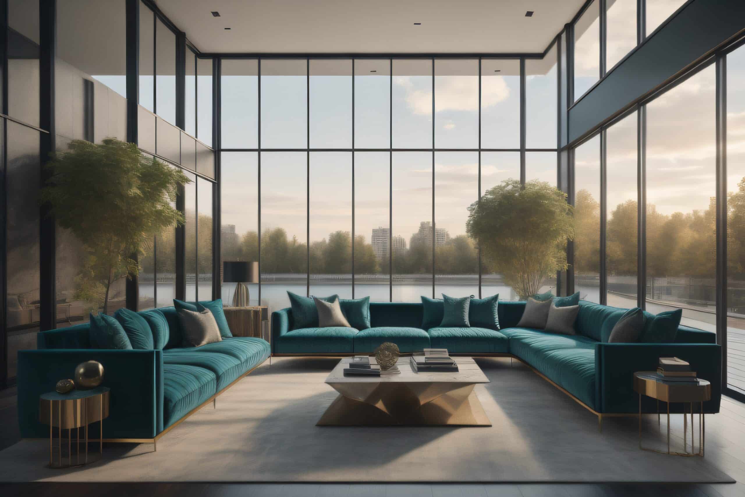 A beautifully designed interior living space with oversized minimalistic windows, colorful accent furniture, modern coffee table, and thoughtful home decor. 3D Rendering.