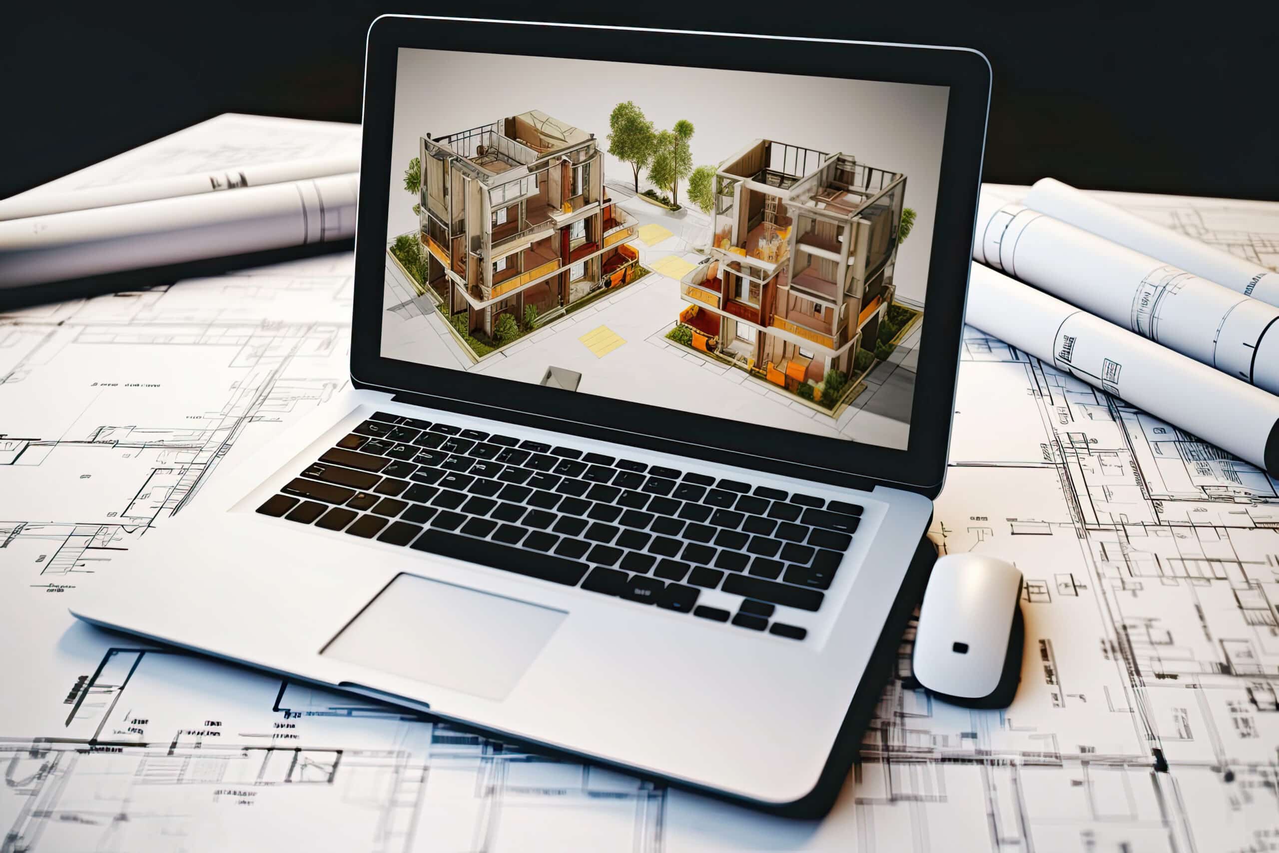 Digital design through architectural design software on laptop screen with documents and design plan on office desk