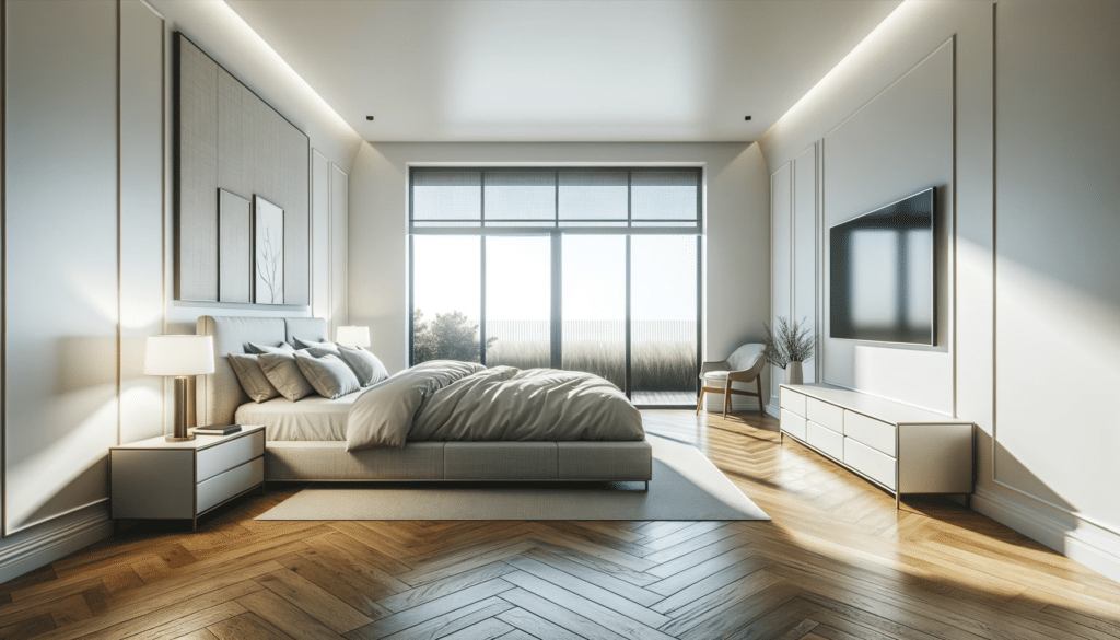 Photo of a modern master bedroom. The walls are plain white with minimalistic artwork, the floors polished wood, and the furniture modern and low profile. Matching nightstands and matching dresser.