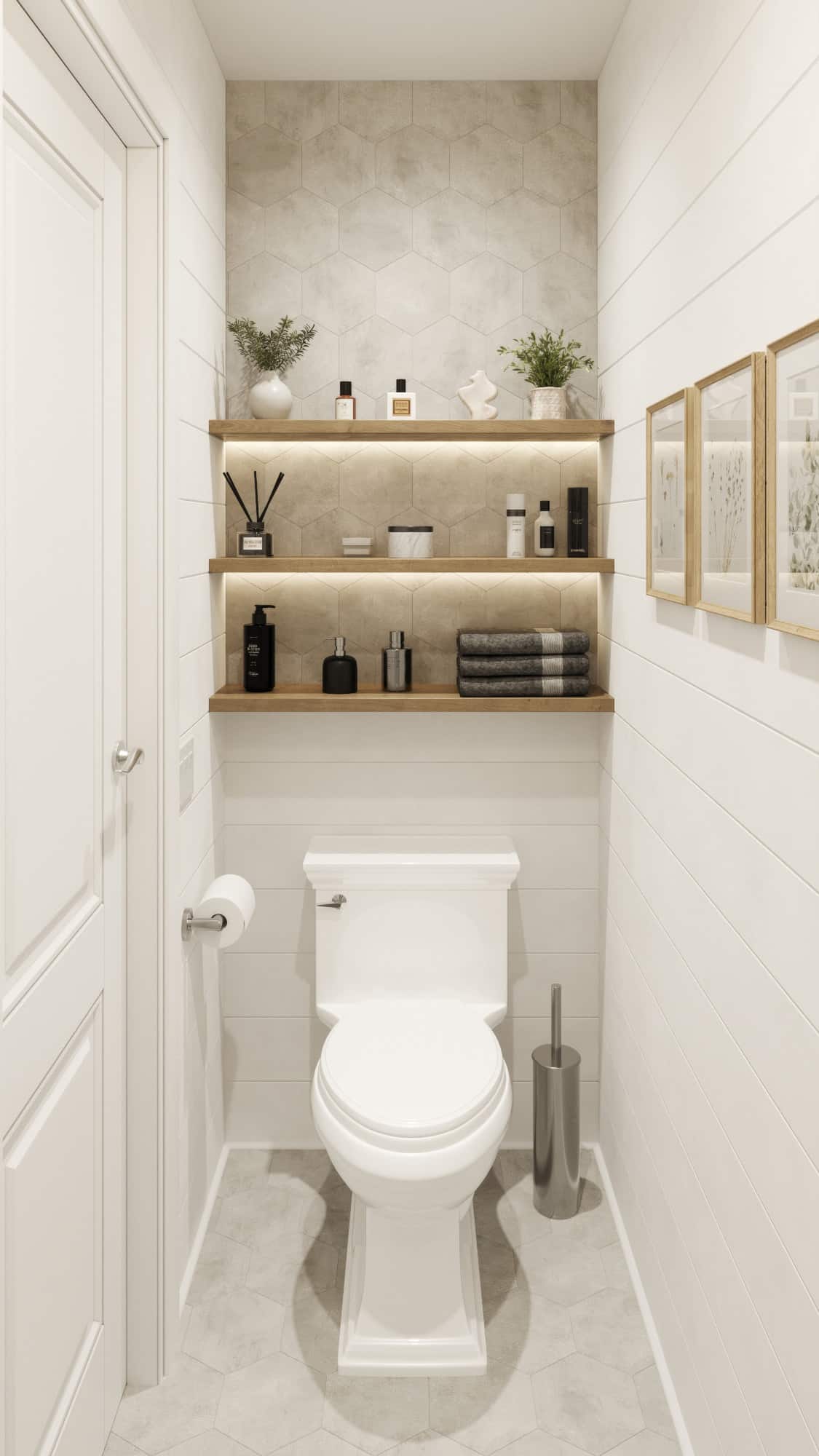 3d rendering of a Modern bathroom renovation with wood shelving, hexagonal tile flooring and wall, light brown wood picture frames, and modern toilet.