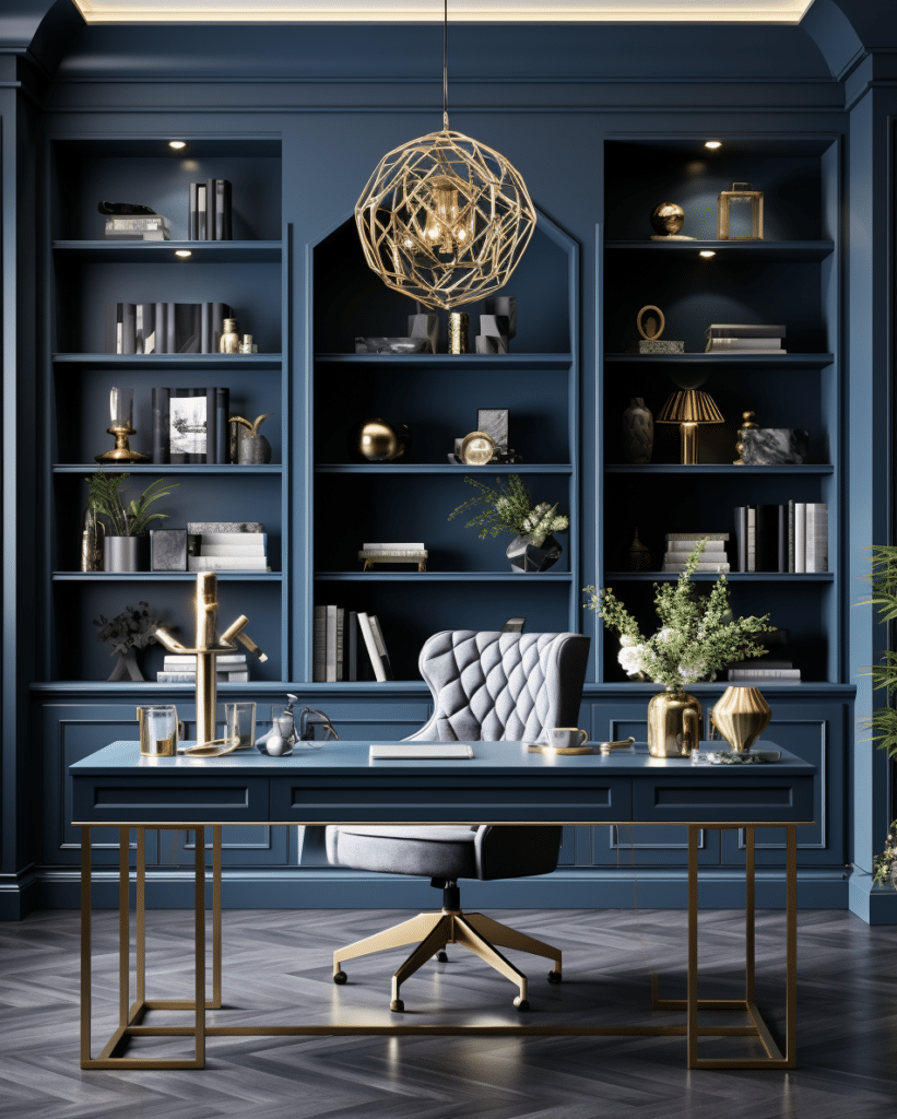 Photo of a home office painted in a calming shade of blue. The space features a desk, ergonomic chair, and organized shelving units. The blue walls evoke a sense of tranquility and focus, creating an ideal environment for productivity and concentration.
