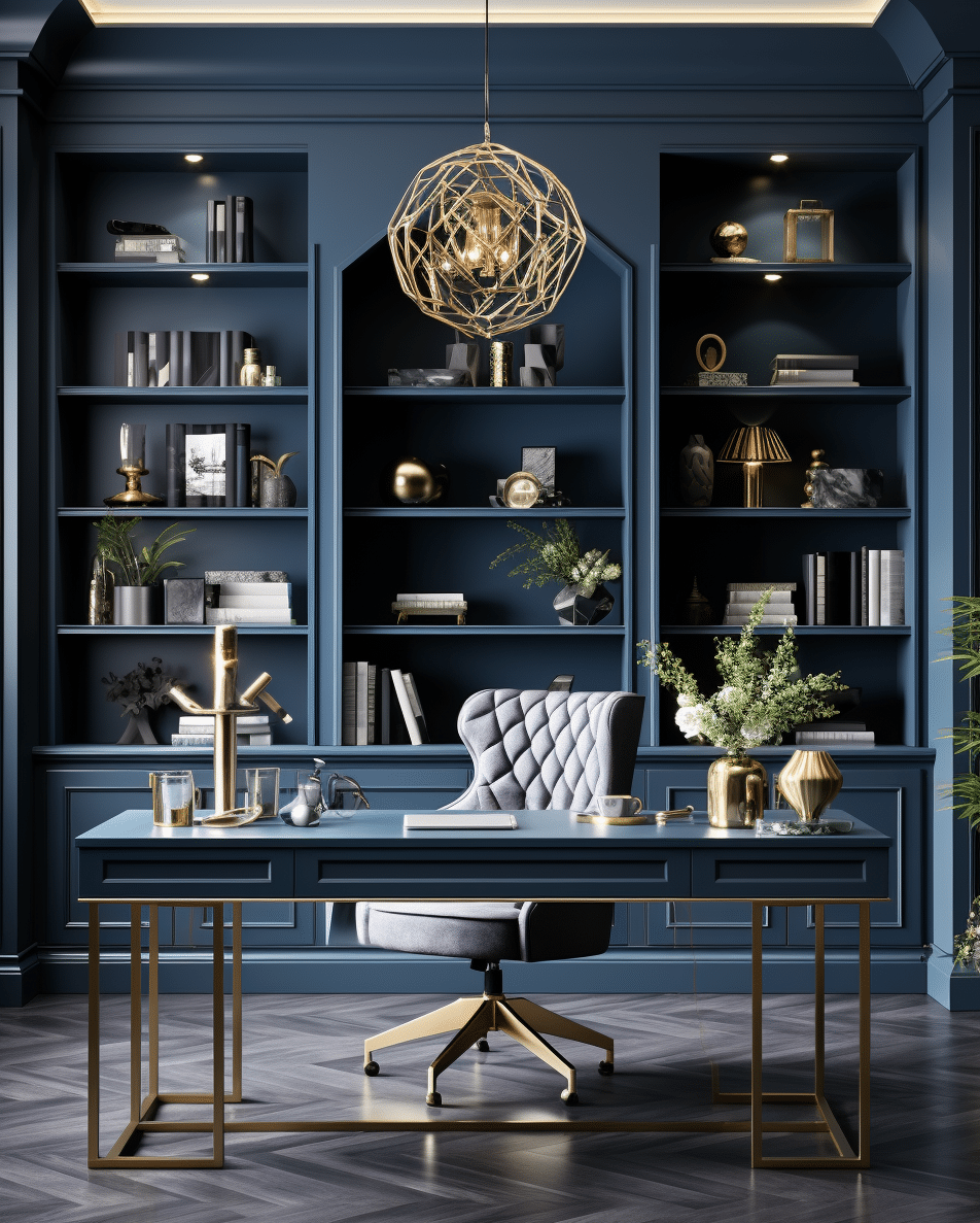 Photo of a home office painted in a calming shade of blue. The space features a desk, ergonomic chair, and organized shelving units. The blue walls evoke a sense of tranquility and focus, creating an ideal environment for productivity and concentration.