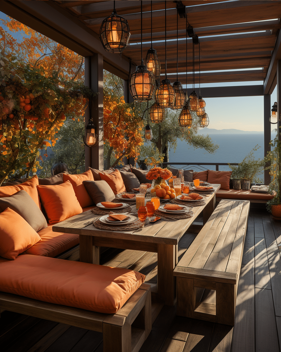 Photo of an outdoor home eating area. The space features a dining table and chairs, set amidst a backdrop of the home's exterior and garden. Soft outdoor lighting enhances the ambiance, and decorative elements like potted plants or lanterns may be present. This area provides a perfect setting for alfresco dining and enjoying nature while sharing a meal.