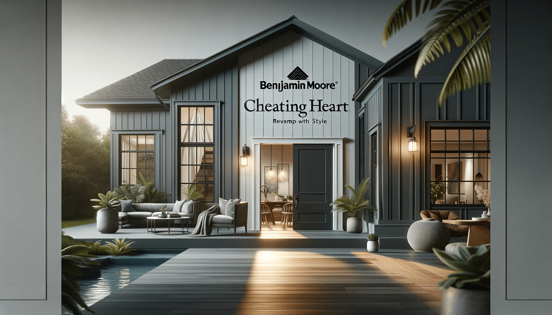 A featured blog image for the article titled 'REVAMP WITH STYLE_ BENJAMIN MOORE’S CHEATING HEART'. The image should showcase a stylish home exterior