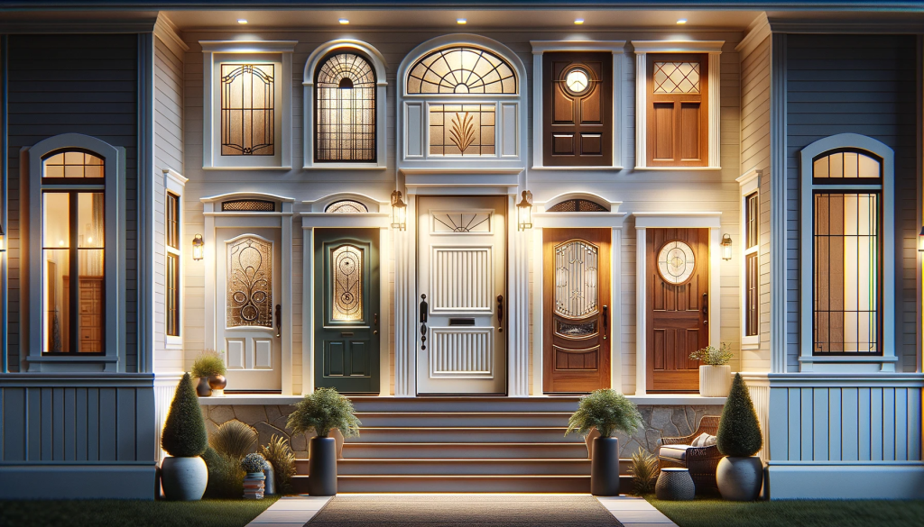 A featured blog image for the article titled 'ENHANCE YOUR ENTRYWAY_ CHIC DOOR DESIGNS WITH WINDOWS'. The image should feature a variety of chic