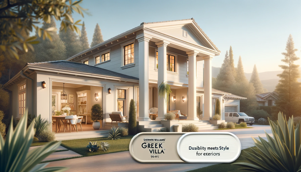 A featured blog image for the article titled 'SHERWIN WILLIAMS GREEK VILLA_ DURABILITY MEETS STYLE FOR EXTERIORS'. The image should showcase a stylish